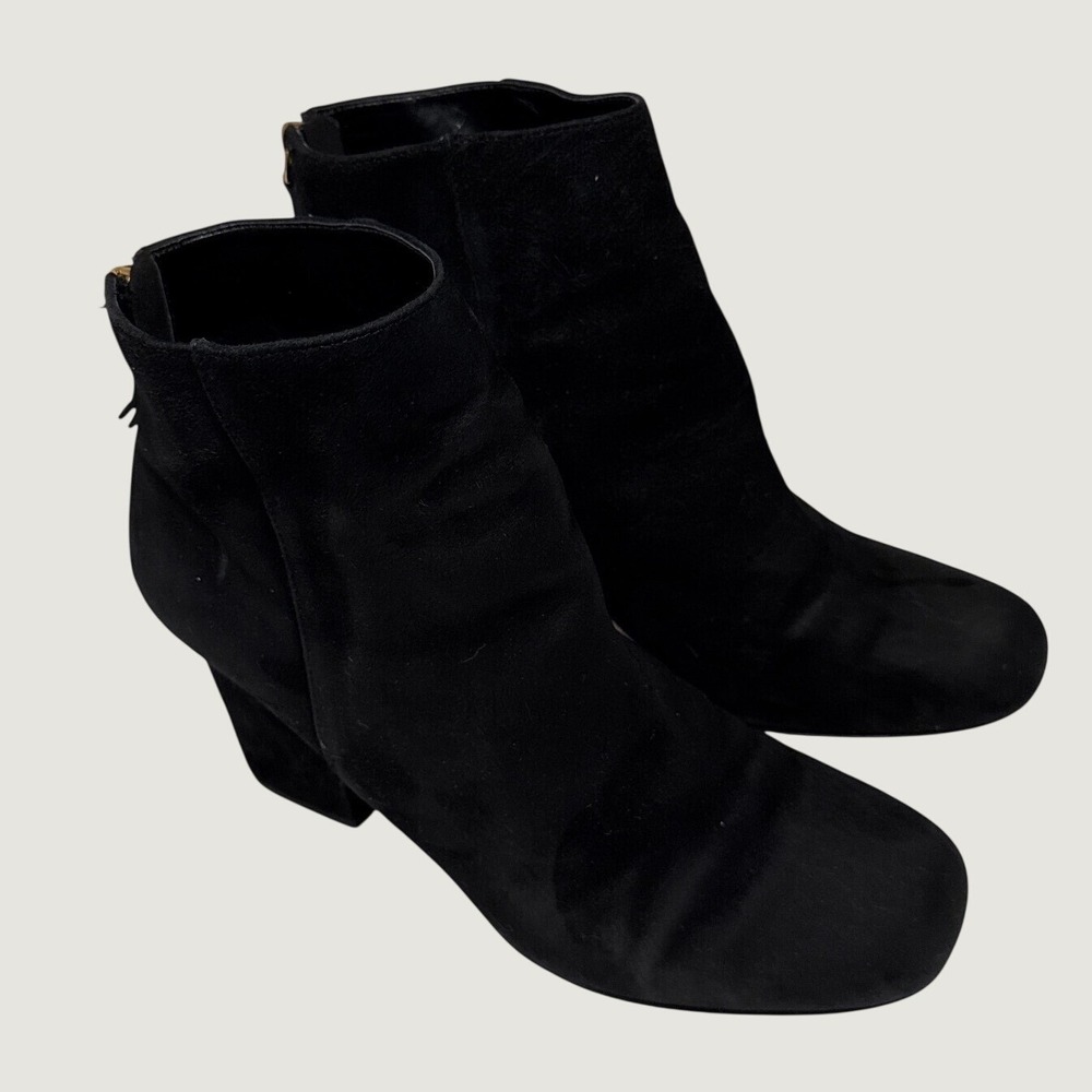 Nine West NWGENEVIEVE Black Suede Square Toe Block Heel Ankle Boots Womens 9.5M